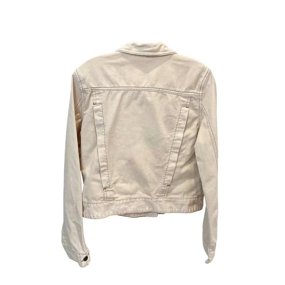 Free People Womens Tan Denim Trucker Jacket Beige Cotton Zig Zag Stitch Large - Picture 2 of 7